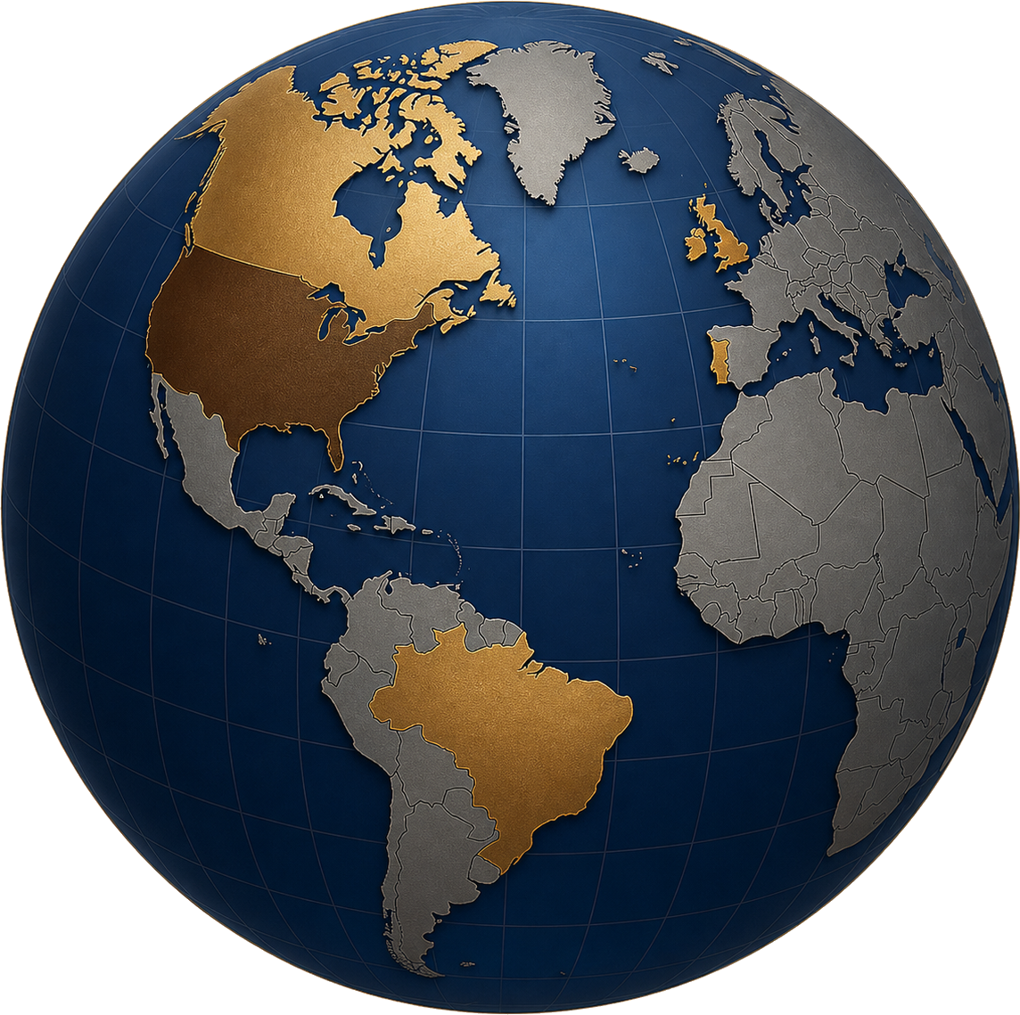 Globo com destaque para América do Norte, América do Sul e Europa