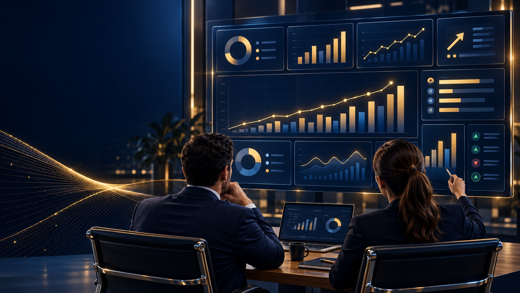 Profissionais analisando indicadores em um dashboard empresarial